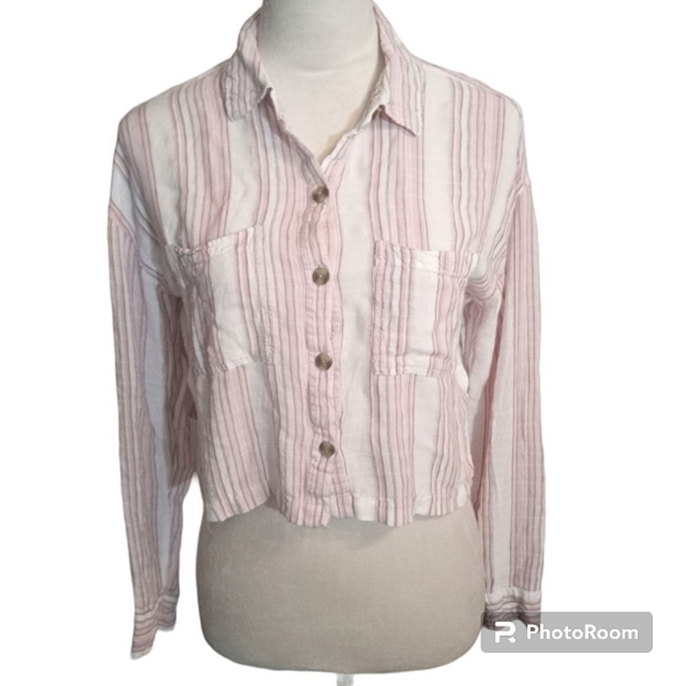 Aeropostale Cropped Pink Striped Button Down Woman's Shirt Size M